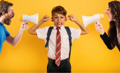 boy plugging ears while adults shout at him with megaphones