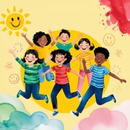 illustration of children playing with smiling sun in background