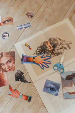collage materials - pictures and scissors
