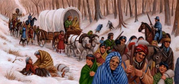 artist rendering of native americans walking in snow on trail of tears