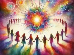 artist rendering of people holding hands with multi-colored flower in the center of the circle