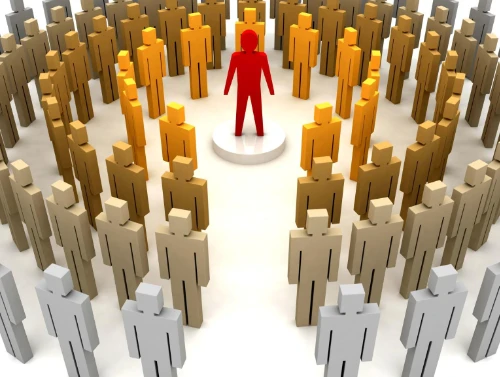 one human figure at the center of concentric circles of other human figures