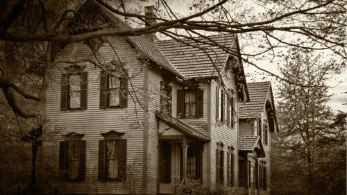 sepia image of drab abandoned house