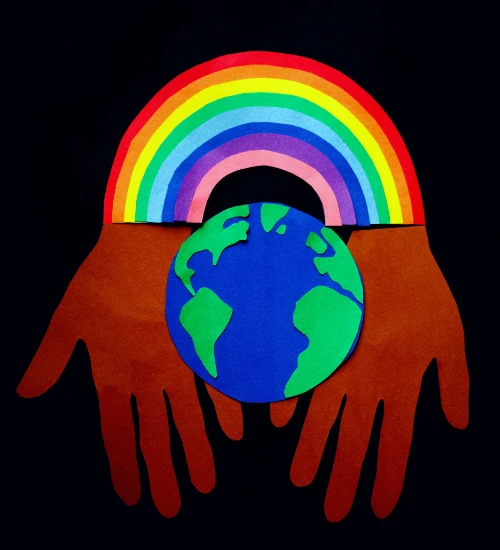 stylized hands and rainbow holding earth