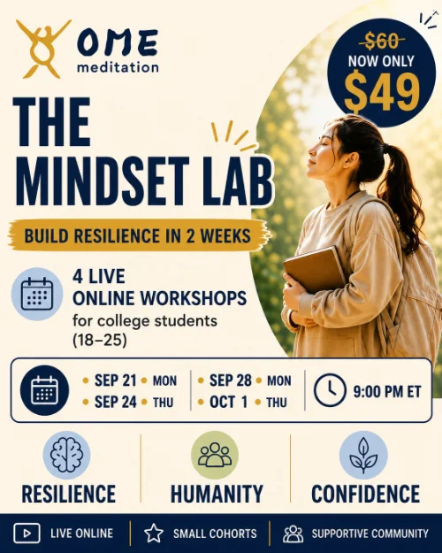 Promotional flyer for The Mindset Lab online meditation workshop