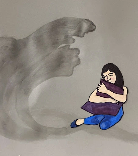 illustration of woman holding a pillow with dark shadow over her