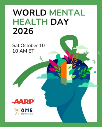 World Mental Health Day 2026 event poster featuring AARP logo.